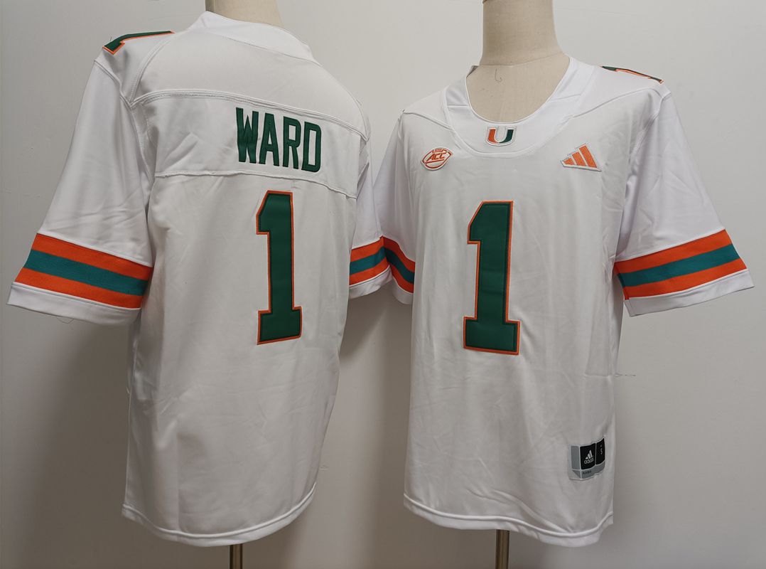 Men Miami Hurricanes #1 Ward White 2025 NCAA Jersey
